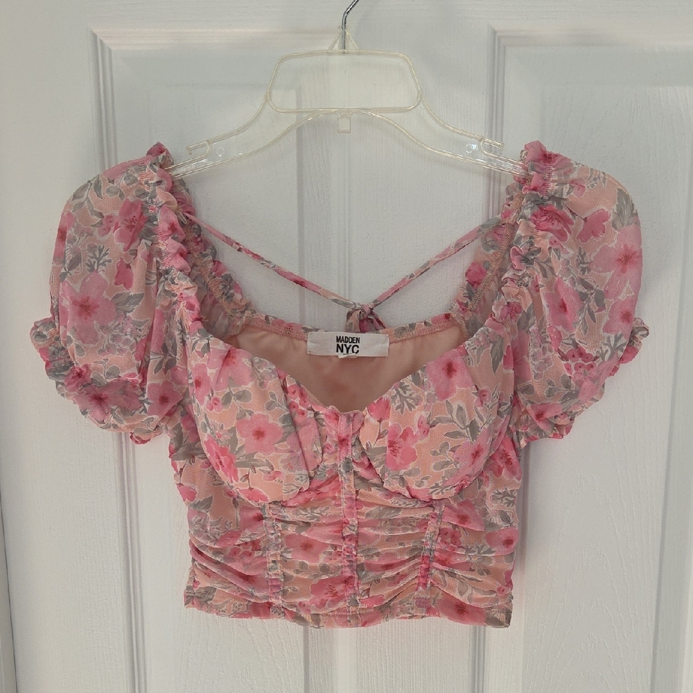 Pink Floral Ruched Crop Top